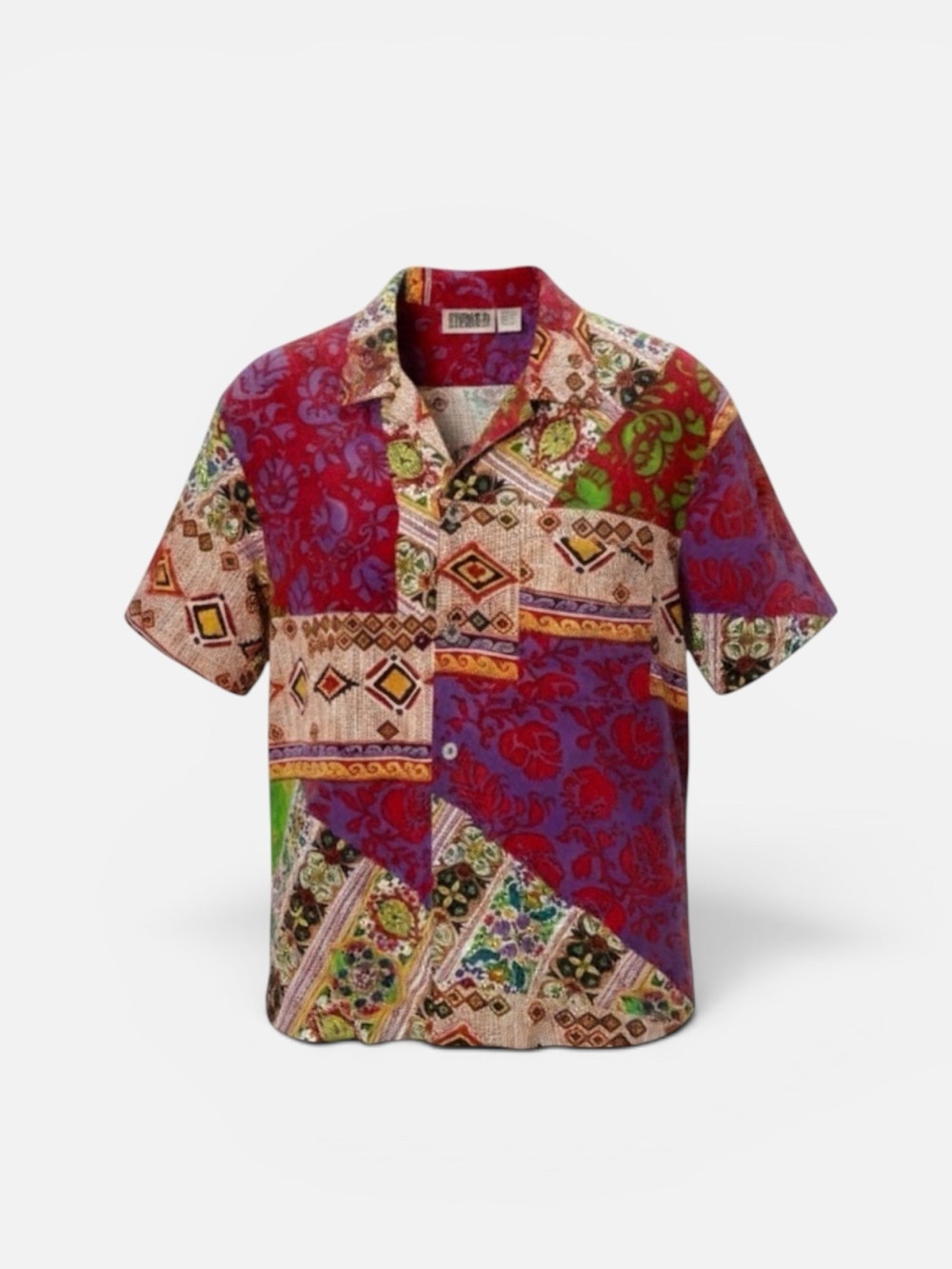 Chico’s silk shirt short sleeve button 1 Small patchwork‎ maximalist print boho